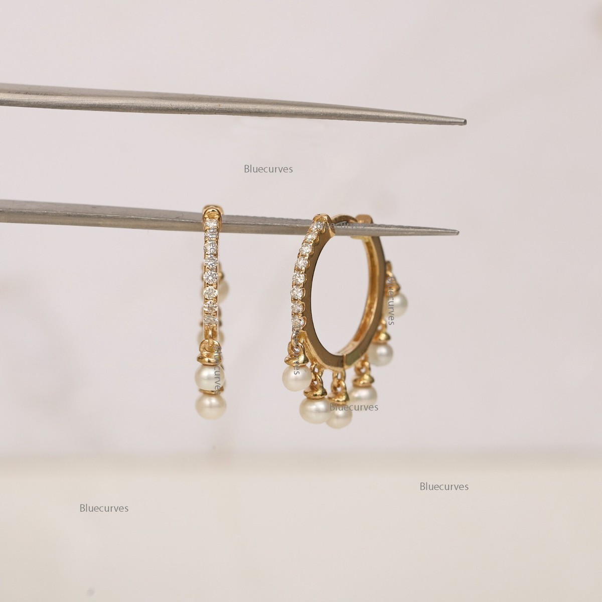 Real Pearl Studded Natural Diamond Drop Hoops Huggies Earring 14K Yellow  Gold