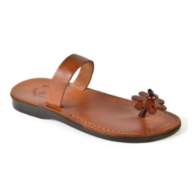 Jerusalem Sandals Esther Leather Flower Flip Flops Honey