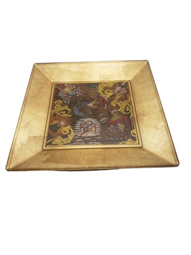 Vintage Gold Leaf Glass Tray With Polychrome Indian Persian Style Scene Square - Picture 5 of 10