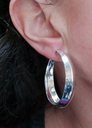 5cm CLIP ON retro HOOP EARRINGS graduated hoops 1cm wide SILVER TONE metal clips - Picture 3 of 7