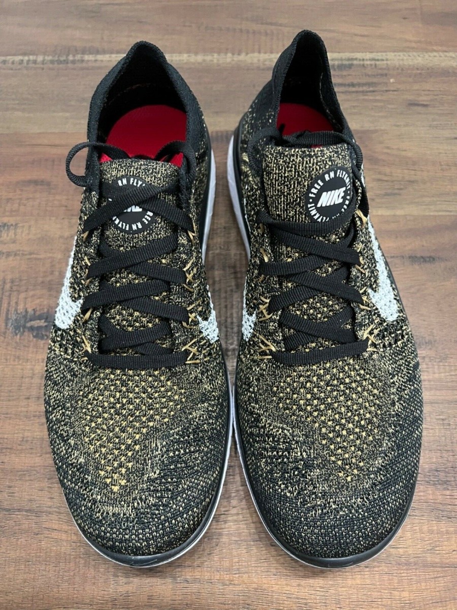 Nike Free RN Flyknit 2018 Black/White/Club Gold SZ 8 Men's