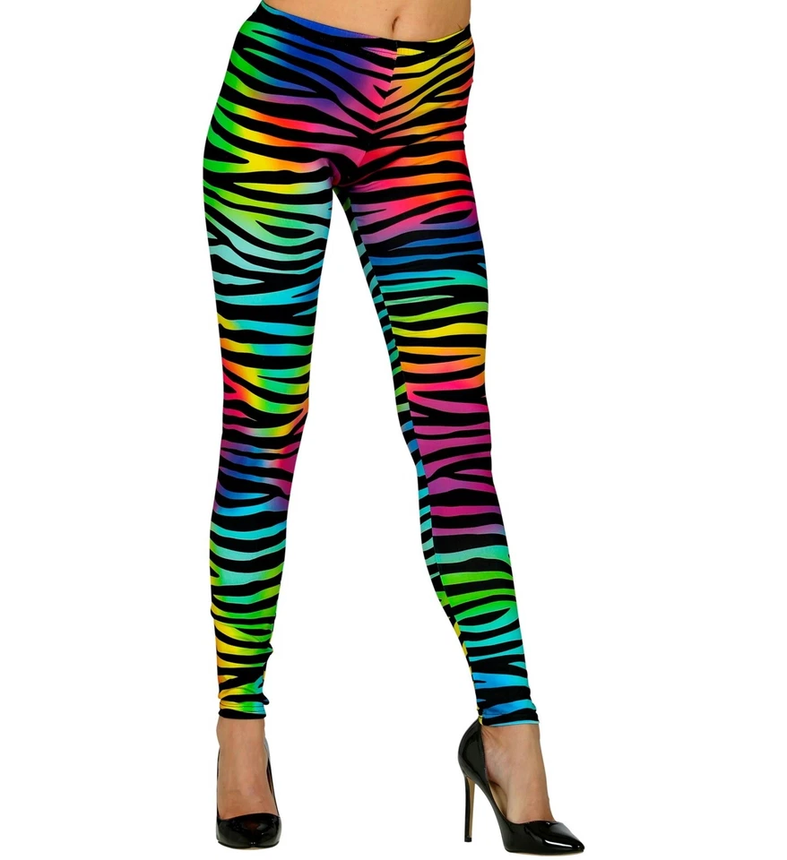 WIDMANN S.R.L. Leggings Tigerprint schwarz bunt 80er 90er Jahre Karneval Fasching Kostüm Damen