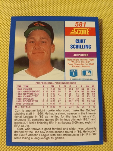 1990 CURT SCHILLING SCORE BASEBALL ROOKIE CARD RC #581 ORIOLES PHILLIES RED SOX - Picture 2 of 2