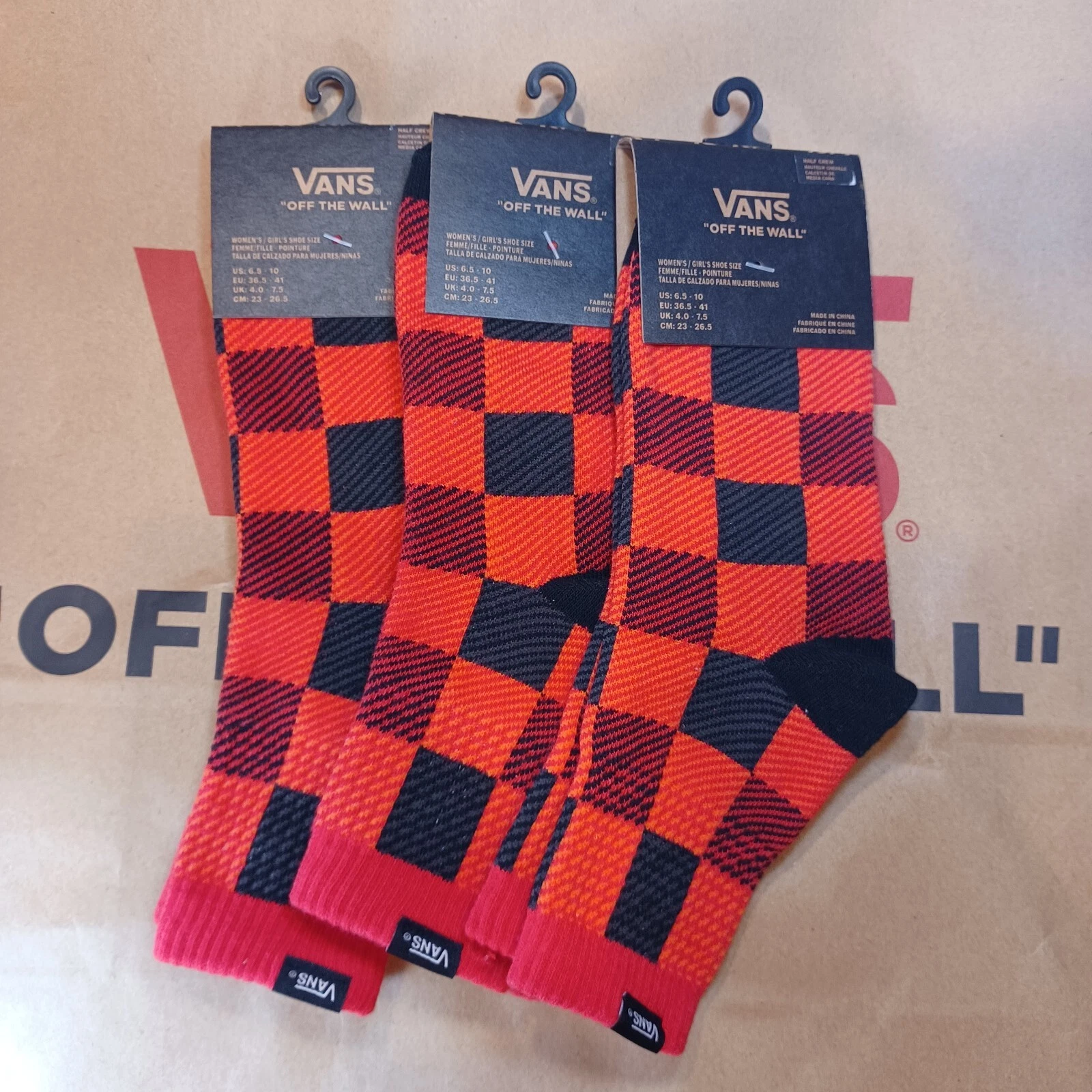 (3) pairs Vans Crew Socks Women's 6.5 -10 Black/Red Checkerboard VN0AR2QYHU