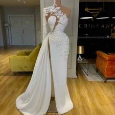 White Satin Decal Long Sleeved Evening Gown A-line formal Dance Gown Dress