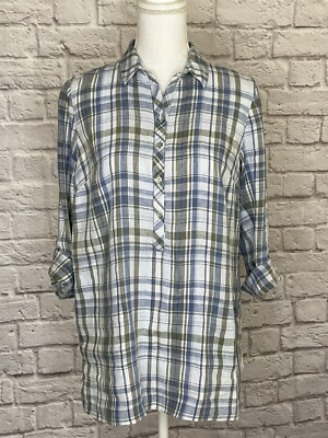 J Jill Love Linen XS Tunic Top Henley Button Plaid Collared Roll Tab Pocket