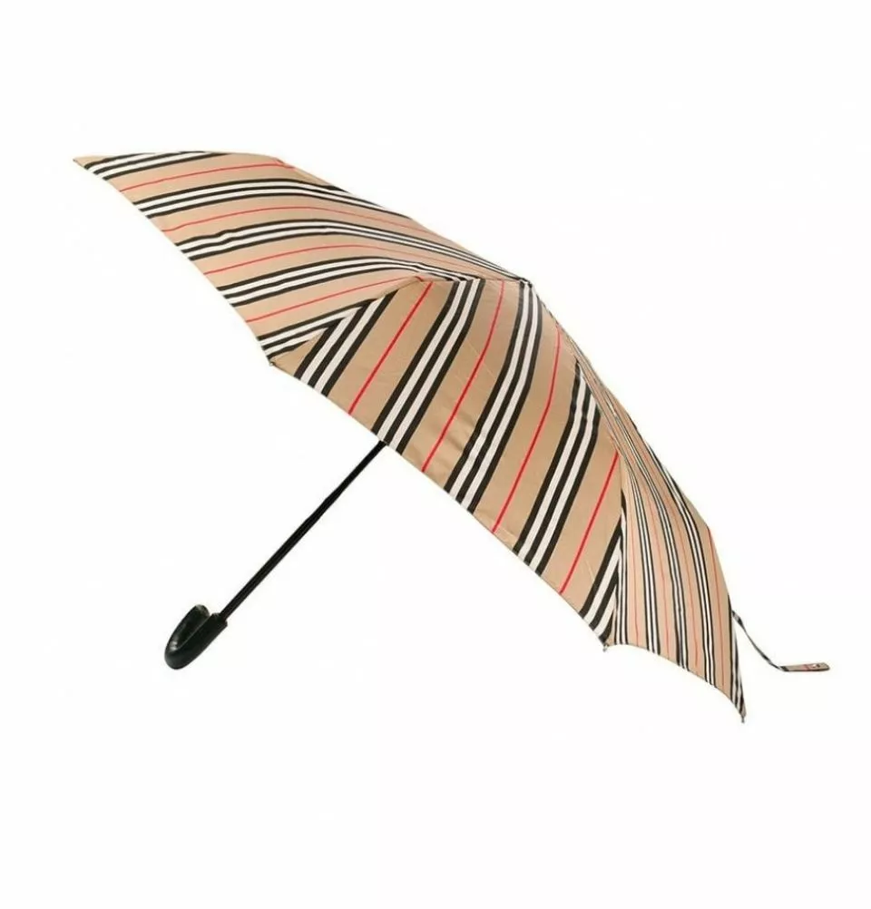 Burberry Mens Trafalgar Vintage Icon Stripe Beige Brown Folding Umbrella