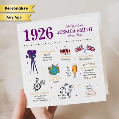 Personalisierte Karte zum 100. Geburtstag Ihr Geburtsjahr 1926 Oma Mama Freundin Schwester