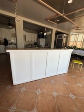 8ft White Mobile Bar on wheels with wood finished top and shelf $850