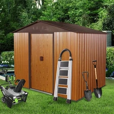 8x6 FT Outdoor Metal Storage Shed Tool Shed with Sliding Doors Garden Brown