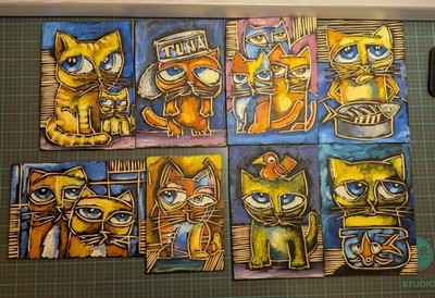 Crazy Cats Original Painting on Board CC BRETON 6''X4'' Signed Dated 2013 Lot Of 8