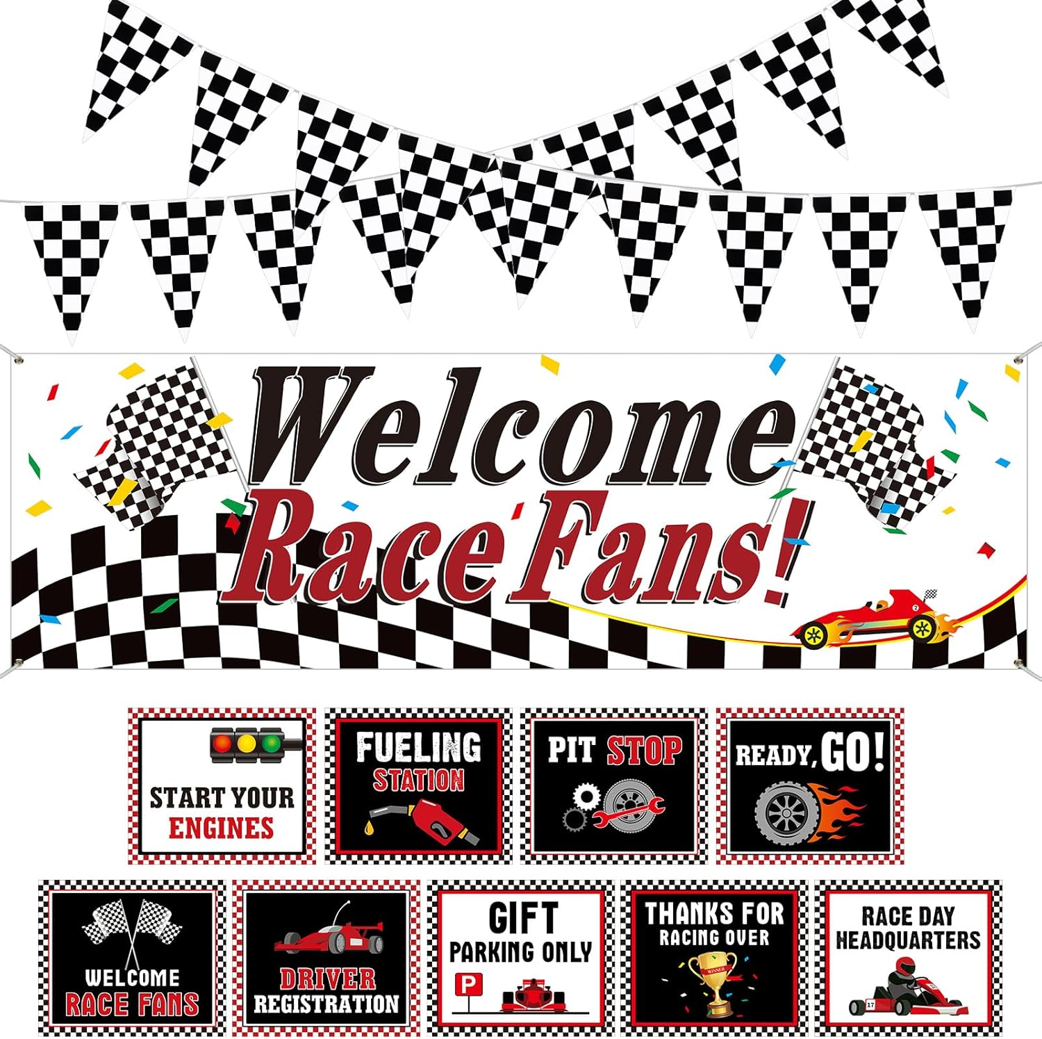 Racing Car Party Decorations Set 9 Racing Party Signs 2 Black and White Checkere
