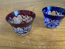 Edo Kiriko Sake Cups Red and Blue Set of 2 Japanese Cut Glass