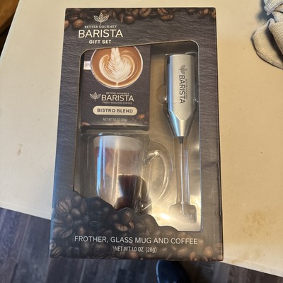 Great Gift - Barista Gift Set, 100% Ground Roasted Coffee,  Frother & Glass Mug