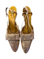 Vintage 1950s Gold Slingback Kitten Heal Bow "Designer" Size 7 Narrow