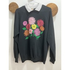 VTG 90s Grandma Floral Collared Sweatshirt Black XL Grandmacore Cottagecore