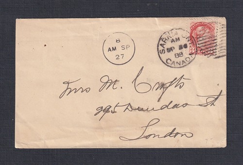 CANADA 1888 3c SMALL QUEEN ON COVER SARNIA TO LONDON ONTARIO