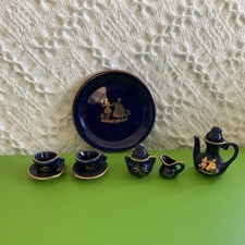 Miniature Porcelain Tea Set 10 Pieces Cobalt Blue Gold Trim Victorian Couple VTG