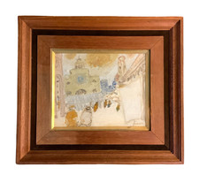 Dipinto ad olio Jean Fusaro Plaza San Giacomet firmato 15,7 x 17,7 in frances...