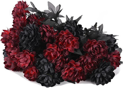 Black Burgundy Dahlia Bouquet - 20-Piece Faux Floral Arrangement for Gothic Deco