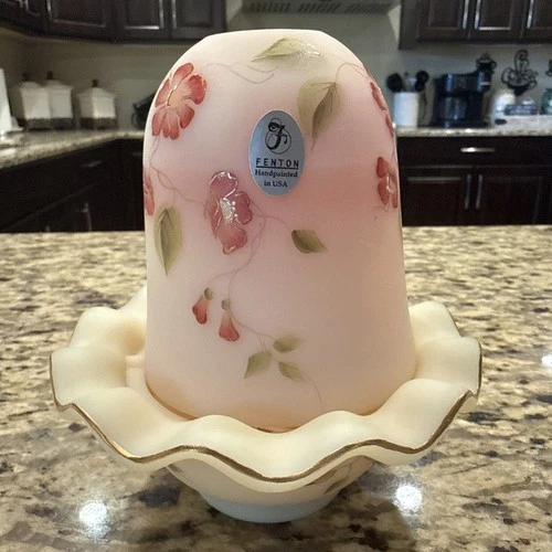 Fenton Burmese fairy lamp-pink/gold Flowers Hand Painted signed A. Farley