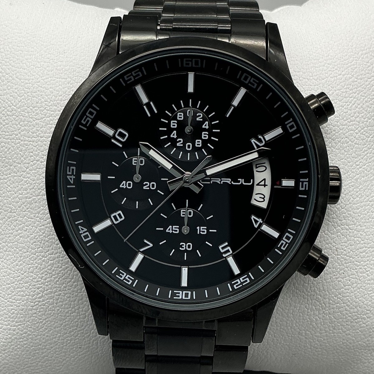CRRJU Mens Watch 42mm Black Dial Black Stainless Chronograph Date