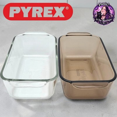 Pyrex Loaf Pan Set 2 1.5QT Glass Clear Amber 213-R Vintage Bakeware Bread Dish