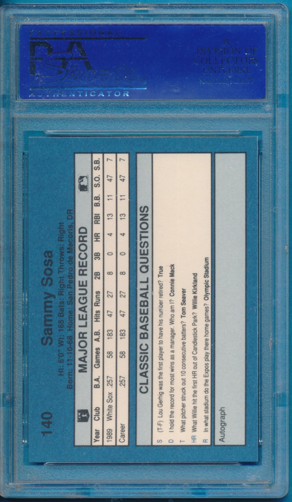 1990 Classic #140 Sammy Sosa PSA 10 Rookie RC Card view 2