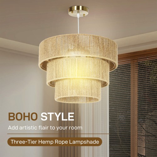 HOMCOM Boho Hemp Rope Pendant Light, Ceiling Light for Bedroom, Light Brown - Picture 6 of 11