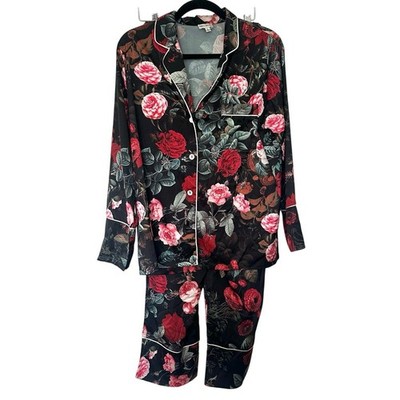 Kilo Brava (L) Black Floral Satin Matching Pajama Set- Romantic, Glam