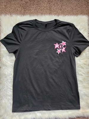 Womens XS True Blue Will Never Strain Black Pink Stars Graphic T Shirt