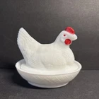 Vintage White Milk Glass Hen On Nest Split Tail 3” Covered Dish Granny Core