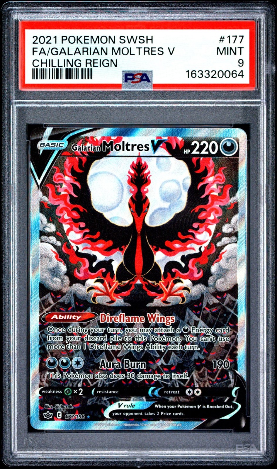 PSA 9 GALARIAN MOLTRES V 177/198 FULL ART CHILLING REIGN POKEMON 🌑