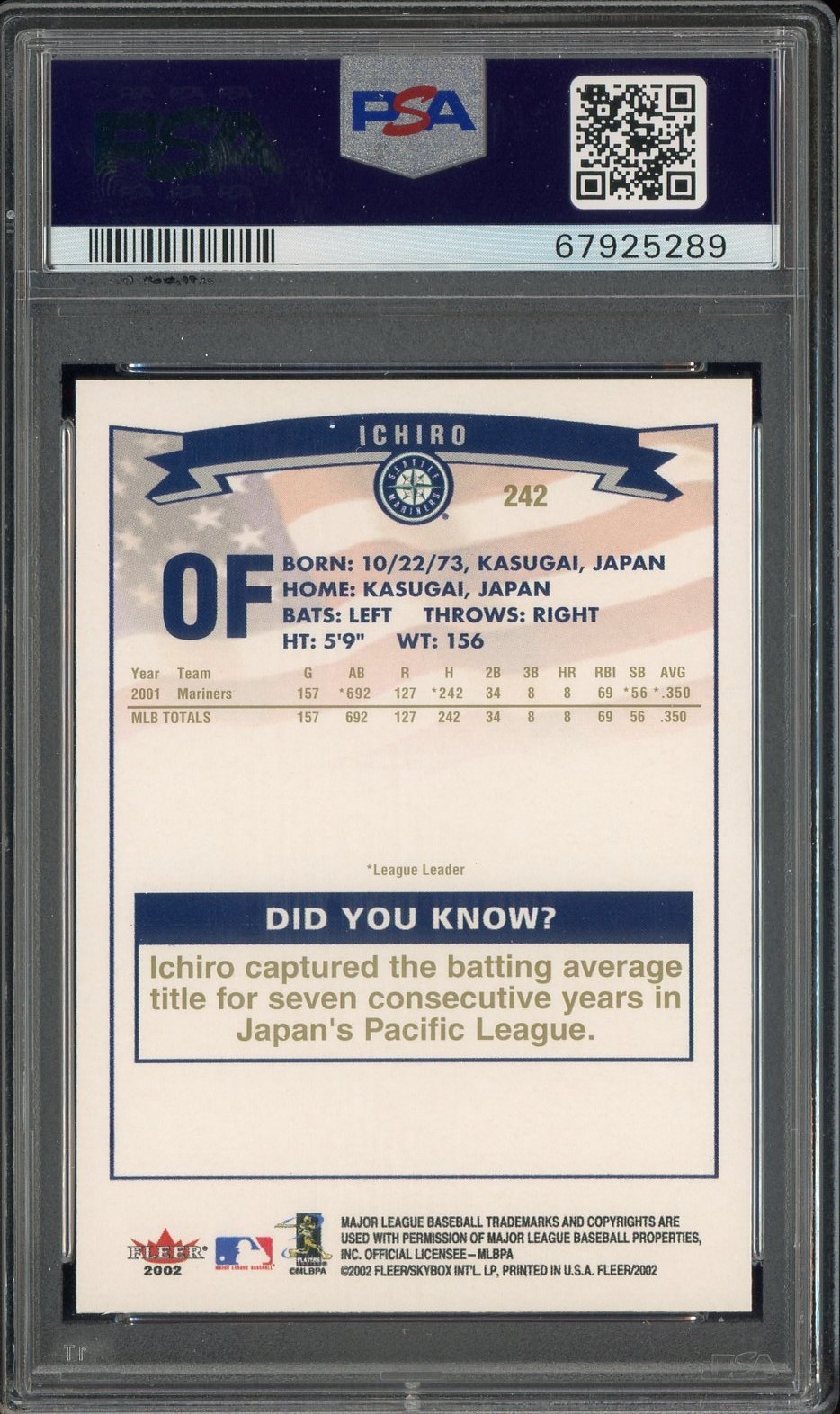 2002 Fleer Gold Back #242 Ichiro Suzuki Seattle Mariners HOF PSA 10 GEM MINT view 2