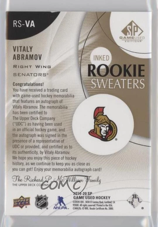 2019-20 SP Game Used Inked Rookie Sweaters /49 Vitalii Abramov RPA Patch Auto RC - Image 2 of 2