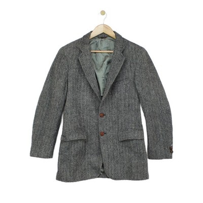 Vintage Harris Tweed Blazer Herren Größe 38 Grau Hergestellt in den USA Formell Fischgrätmuster
