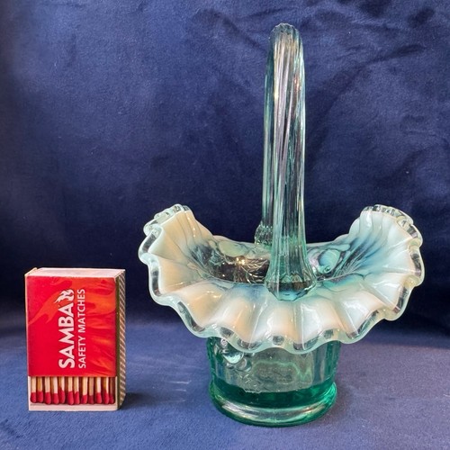 Vintage Fenton Turquoise Cabbage Rose Opalescent Glass Basket Manganese Glow VGC - Picture 2 of 13