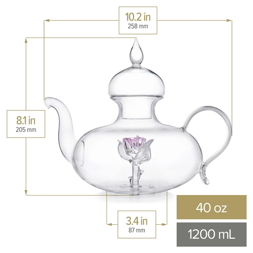 Tetera de vidrio soplado a mano Earthly Rose con rosebud rosa tridimensional (40º... Foto 3 de 4