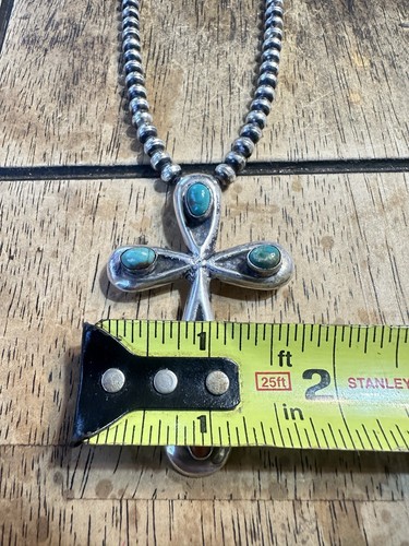 Native American Sterling Silver Bead Necklace 20” & Cross W Turquoise Pendant - Imagen 7 de 14