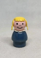 Vintage Fisher Price little people wood blue girl yellow hair/pigtails