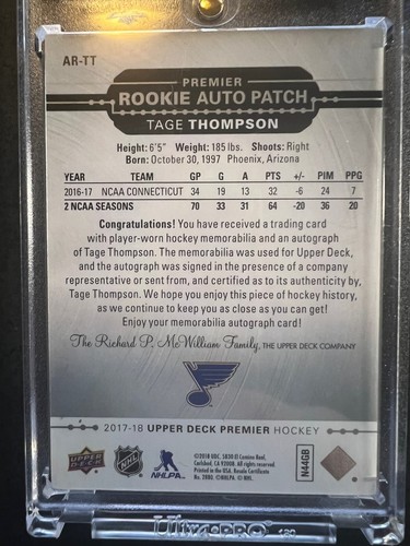 17-18 Upper Deck Premier Rookie Autograph Patch Tage Thompson /299 - Bild 2 von 2