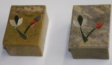 2 Hand Carved Small Ochre Inlaid Soapstone Ring Trinket Boxes Flowers Made India