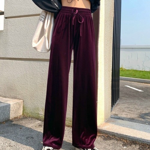 Womens Velvet Loose Trousers Wide Leg High Elastic Waist Pants Drawstring Autumn - Picture 4 of 17