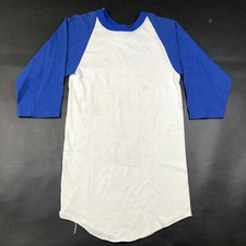 Vintage Russell Athletic Boys Youth M White Blue T Shirt 3/4 Sleeve Made in USA