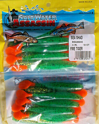 FREE USA SHIPPING...20 SALTWATER BASS ASSASSIN 4" S&P CHARTREUSE TAIL CURLY SHAD 