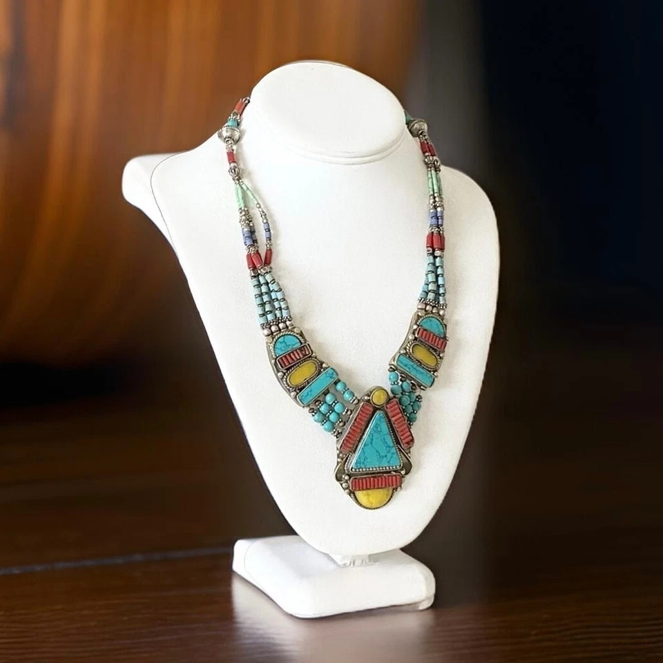 Nepal Tibetano Babero Collar Turquesa Nepal Étnico Coral Hecho a Mano Joyería Boho  Foto 4 de 4