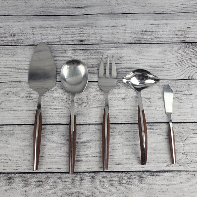 Lot of 5 Eldan Serving Flatware, Brown MCM Stainless