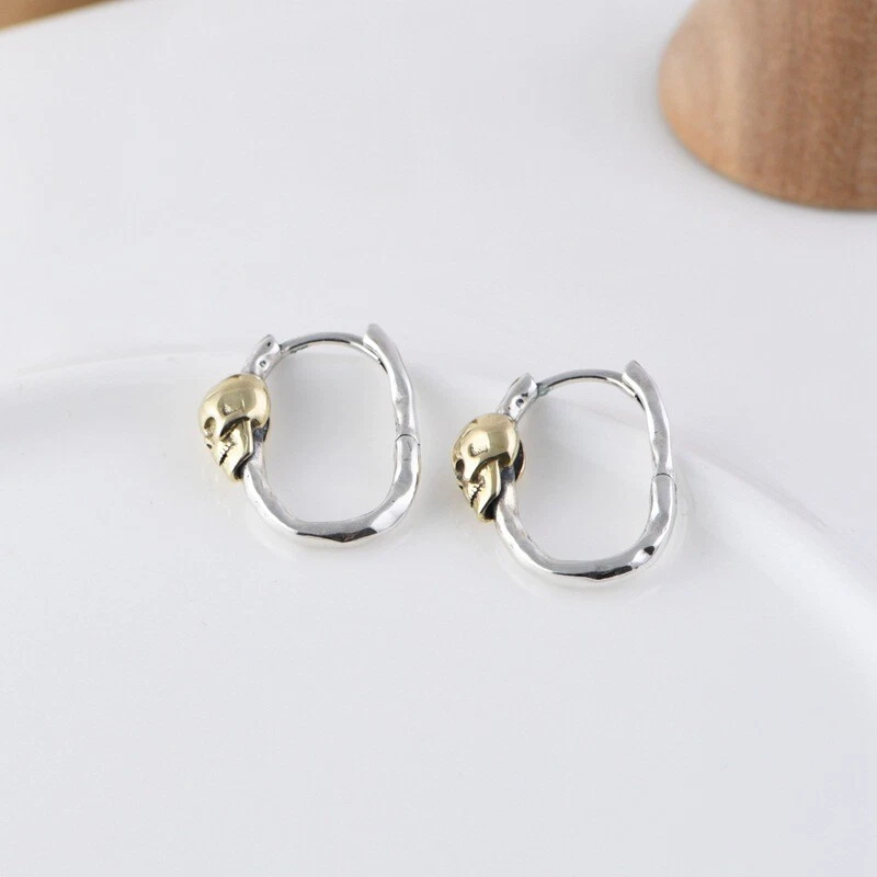 S925 Sterling Silver Hoop Earrings with Copper Skull Charm Gothic Biker Jewel - Image 3 of 4