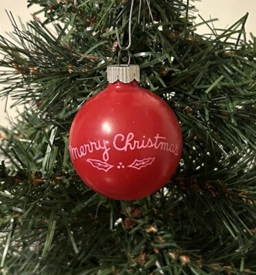 Vintage Shiny Brite Red Unsilvered Merry Christmas 2  Glass Ball Ornament