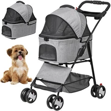 Foldable Dog Stroller with Detachable Carrier and Cup Holder Pet Stroller Gray